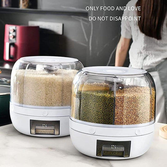 Rotating Airtight Rice Dispenser, 6-Compartment Dry Food Storage Container (6 kg) - Moisture-Proof & Waterproof
