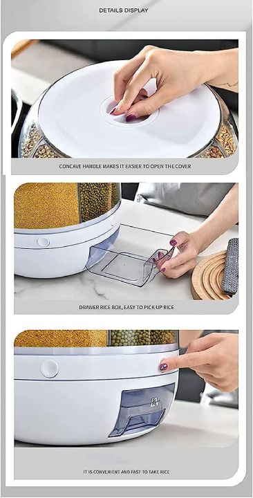 Rotating Airtight Rice Dispenser, 6-Compartment Dry Food Storage Container (6 kg) - Moisture-Proof & Waterproof