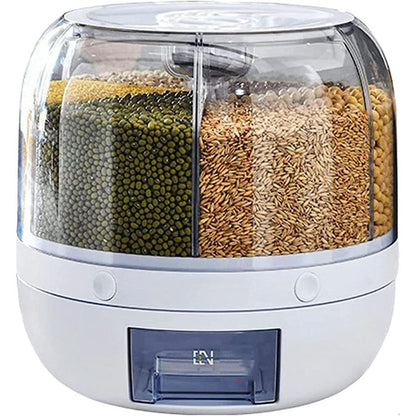 Rotating Airtight Rice Dispenser, 6-Compartment Dry Food Storage Container (6 kg) - Moisture-Proof & Waterproof