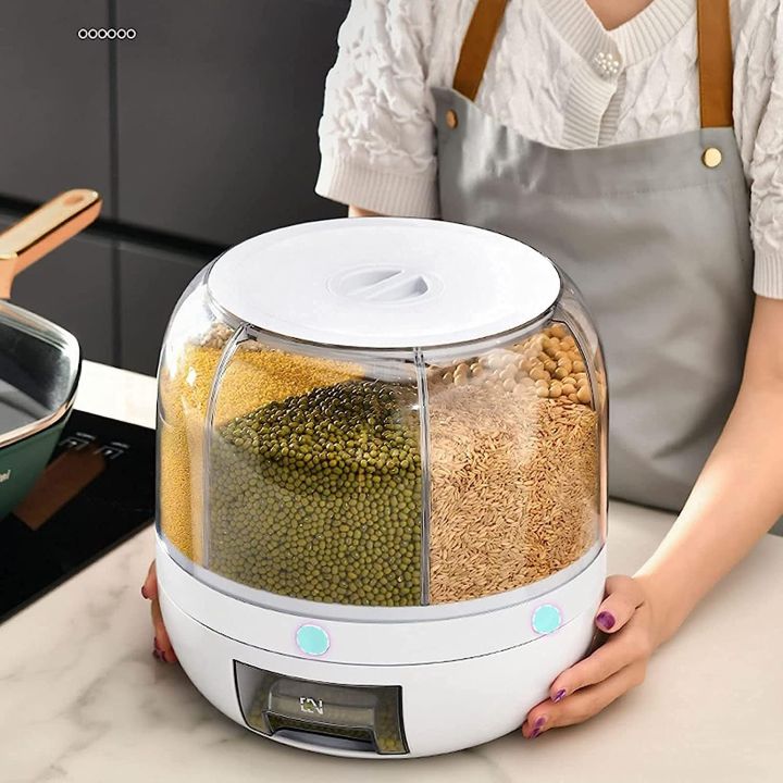 Rotating Airtight Rice Dispenser, 6-Compartment Dry Food Storage Container (6 kg) - Moisture-Proof & Waterproof