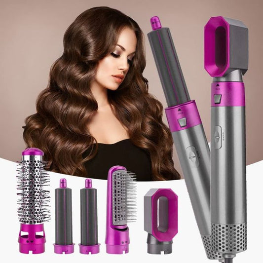 5-in-1 Hair Dryer Brush Set – Hot Air Styler, Straightener, Volumizer & Curling Attachments (Pink)