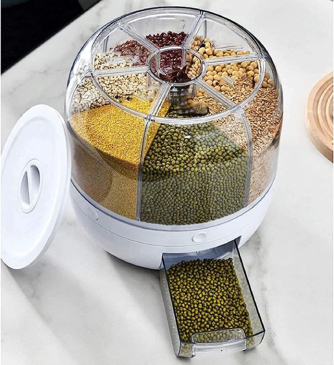 Rotating Airtight Rice Dispenser, 6-Compartment Dry Food Storage Container (6 kg) - Moisture-Proof & Waterproof