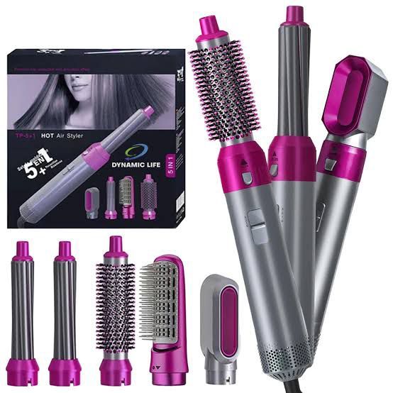 5-in-1 Hair Dryer Brush Set – Hot Air Styler, Straightener, Volumizer & Curling Attachments (Pink)