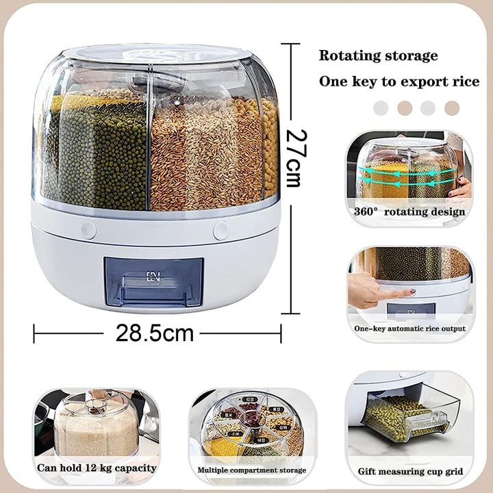 Rotating Airtight Rice Dispenser, 6-Compartment Dry Food Storage Container (6 kg) - Moisture-Proof & Waterproof