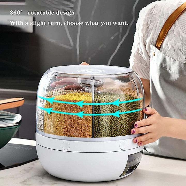Rotating Airtight Rice Dispenser, 6-Compartment Dry Food Storage Container (6 kg) - Moisture-Proof & Waterproof