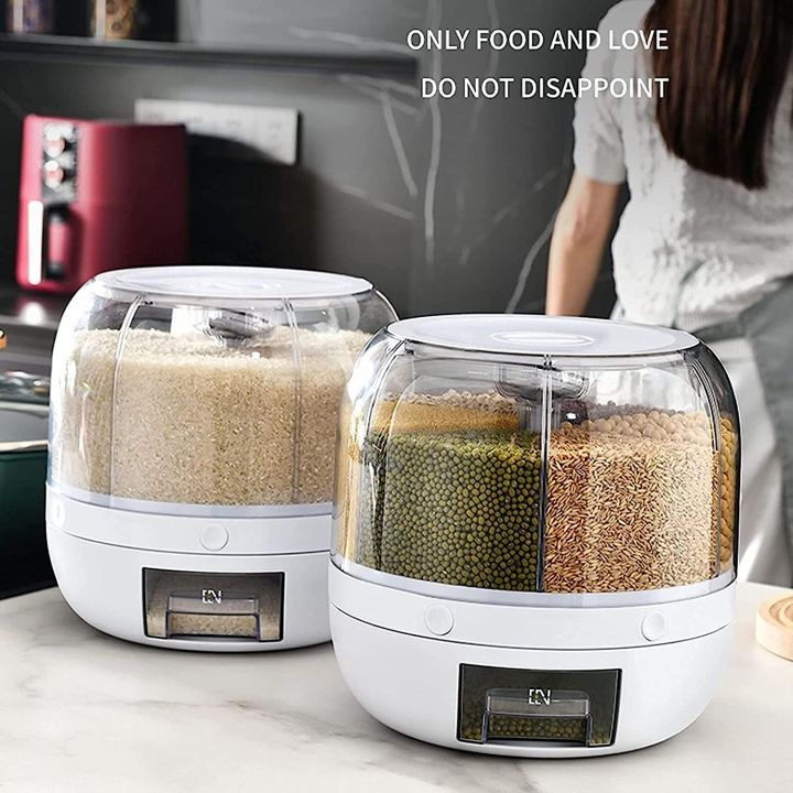 Rotating Airtight Rice Dispenser, 6-Compartment Dry Food Storage Container (6 kg) - Moisture-Proof & Waterproof