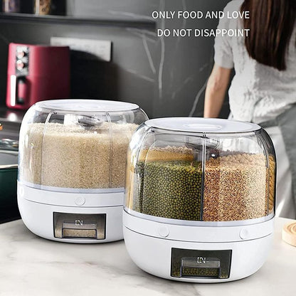 Rotating Airtight Rice Dispenser, 6-Compartment Dry Food Storage Container (6 kg) - Moisture-Proof & Waterproof
