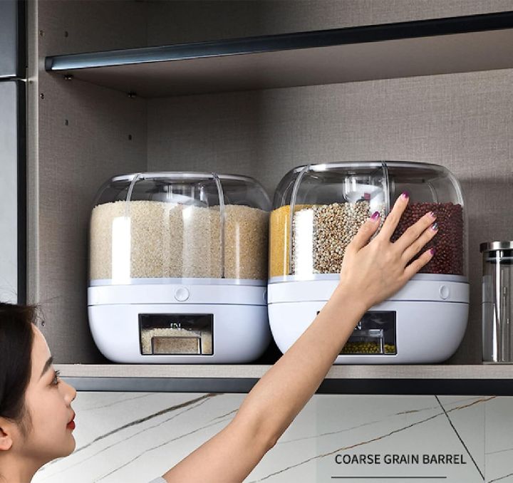 Rotating Airtight Rice Dispenser, 6-Compartment Dry Food Storage Container (6 kg) - Moisture-Proof & Waterproof